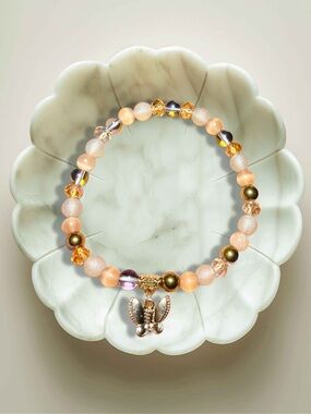 Cat’s Eye Bead Bracelet Butterfly Charm Glass Bead Stretch Bracelet